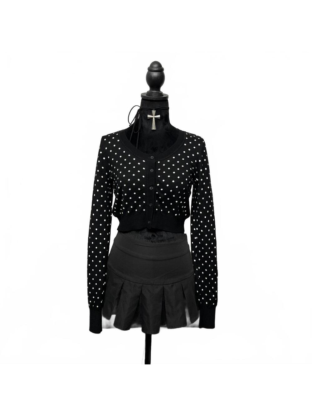 Stork & Babe Sz S Black & White Polka Dot Cropped Cardigan Sweater Coquette Twee
